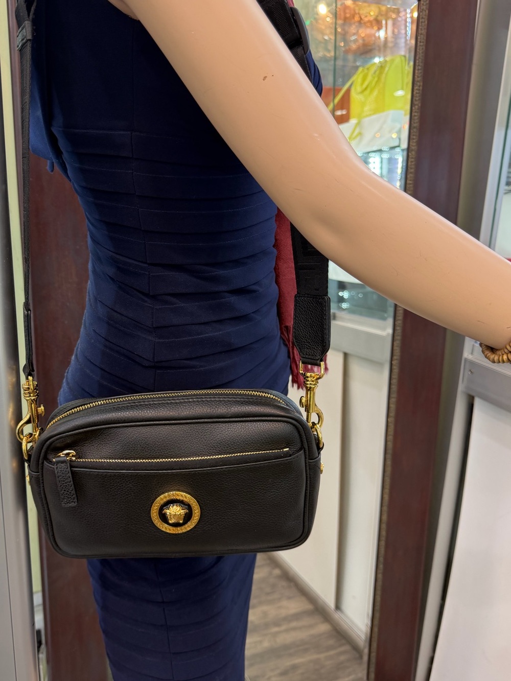 Versace Black Leather Crossbody Bag with Gold Medallion